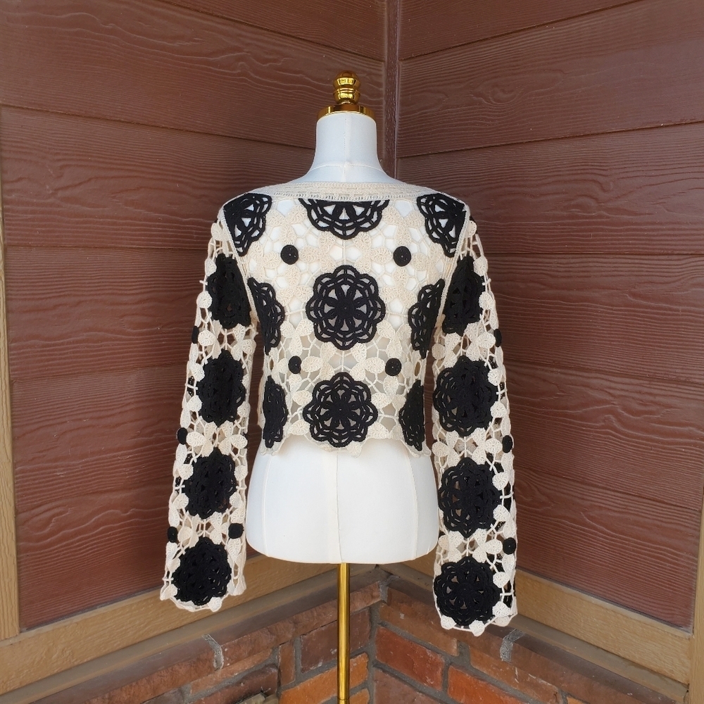 SHEIN Cream and Black Long Sleeve Crochet Bell Sleeve Cover-Up Beachwear Top - Picture 7 of 14